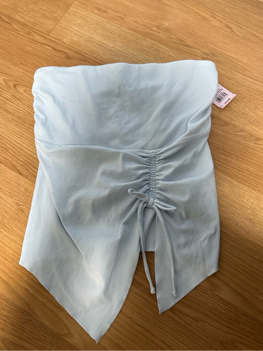 Light Blue Ruched Drawstring Tube Top Asymmetrical Hem Woman’s Large. NWT…349